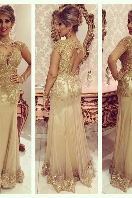 2015 Attractive Long Sleeves Prom Dresses, Sweetheart Sheer Neck Lace Tulle Chiffon Open Back Backless Evening Gowns,Women Dresses,Formal Party Dresses 