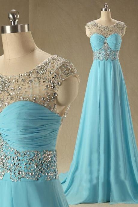  New Arrival Custom Cap Sleeve Blue Chiffon A Line Floor Length Long Evening Dresses Prom Dresses/Party Dresses