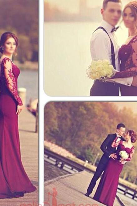 Charming Burgundy Prom Dresses, Mermaid Prom Dress,Sexy Long Sleeves Prom Dress, lace Appliques Prom Dress, prom Dresses 2016