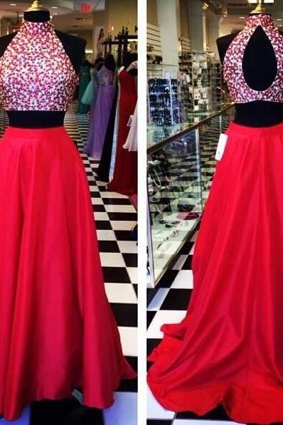  Two Piece Prom Dresses, Red Prom Dresses, Open Back Prom Dresses, Sexy Vestido De Festa, Crystal High Neck Satin Party Evening Dress Gowns 