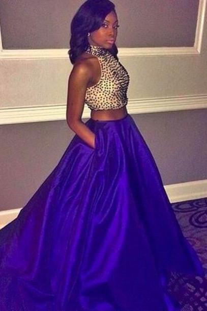 Royal Blue Crystals Beaded Two Pieces Prom Dresses, Blue Prom Dresses, Luulla Fashion Dress, Long Prom Dress, Graduation Dresses