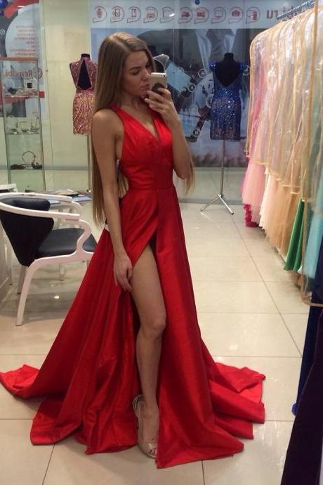 2016 New Arrival Long Red Prom Dresses Satin A-Line V-Neck Sleeveless Off The Shoulder Sweep Train Prom Party Dress Formal Gowns