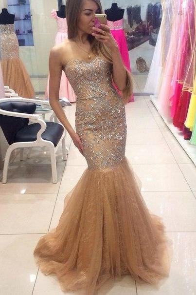 Charming Champagne Prom Dresses,Sweetheart Prom Dress,Mermaid Prom Dress,Tulle Prom Dress,Noble Beading Prom Dress