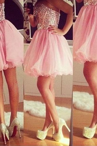 Sparkly Crystal Beaded Bodice Pink Skirt Homecoming Dresses Strapless Short Prom Dresses