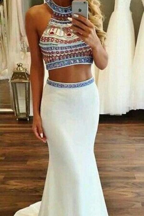 Beaded Prom Dresses,Beading Prom Dress,White Prom Gown,2 Pieces Prom Gowns,Elegant Evening Dress,Two Piece Evening Gowns,2 Pieces Evening Gowns,Mermaid Prom Dress