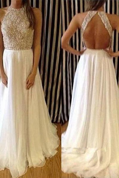 Pretty White Silk Chiffon Long Backless Prom Gowns with Applique and Beadings, Prom Dresses 2016, Formal Dresses, Party Dresses