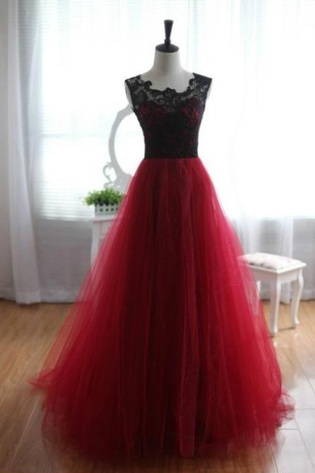 Pretty Handmade Tulle and Lace Burgundy Prom Dresses 2016, Burgundy Prom Dresses, Lace Prom Gown, Formal Dresses