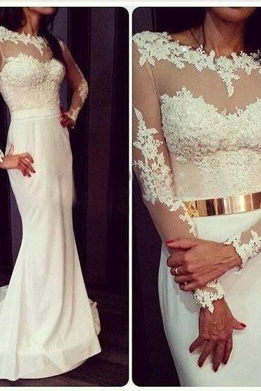 2016 Princess White Lace Long Sleeves Prom Dress, Mermaid Evening Gowns, Mermaid Prom Dress, Prom Dresses with Gold Metal Belt, Long Prom Dress