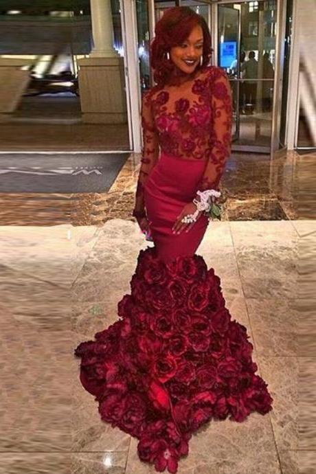 Sexy Backless Prom Dress, Mermaid Prom Dress, Burgundy Prom Dress, Prom Dresses Custom Made, Long Sleeve Prom Dress,Cheap Dress Party, Evening Gowns 2016