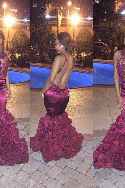 Sexy Backless Prom Dress, Mermaid Prom Dresses, Prom 2016, Burgundy Prom Dress, Lace Appliques Sheer Neck Evening Gowns with Flowers