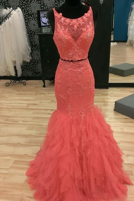 Sparkly Two Piece Prom Dress, Lace Prom Dress,2016 Prom Dress, Two Pieces Prom Dress, Mermaid Evening Gown, Keyhole Back Prom Dresses