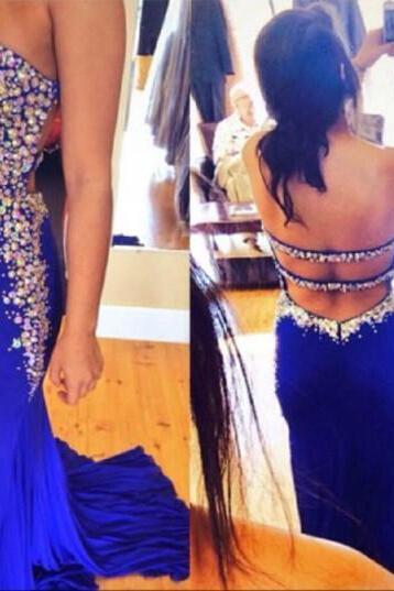 2015 Royal Blue Prom Dresses With Sweetheart Sexy Backless Big Sparkling Crystals Mermaid Formal Evening Gowns Party Dress