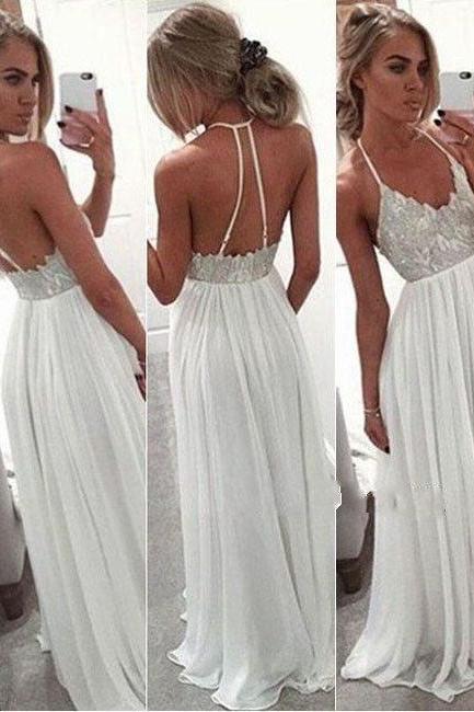 White Chiffon Sequin Long Prom Dress for Teens, Backless Long Prom Dress 2016