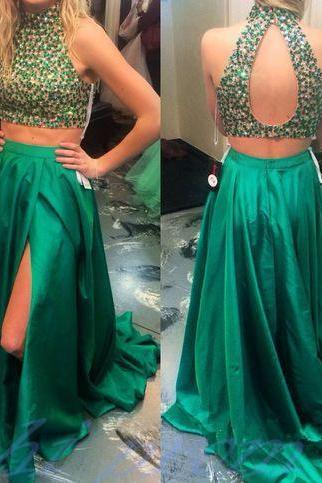 Hunter Green Prom Dresses,2 Piece Prom Gowns,Two Piece Prom Dresses,Open Backs Prom Dresses,Backless Prom Gown,2015 Style Prom Dress With Slit Skirts