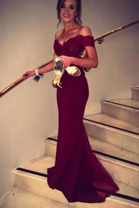 Prom Gown,Pretty Off Shoulder Chiffon Burgundy Prom Dresses With Lace, Evening Gowns, Formal Dresses, Burgundy Prom Dresses 2016