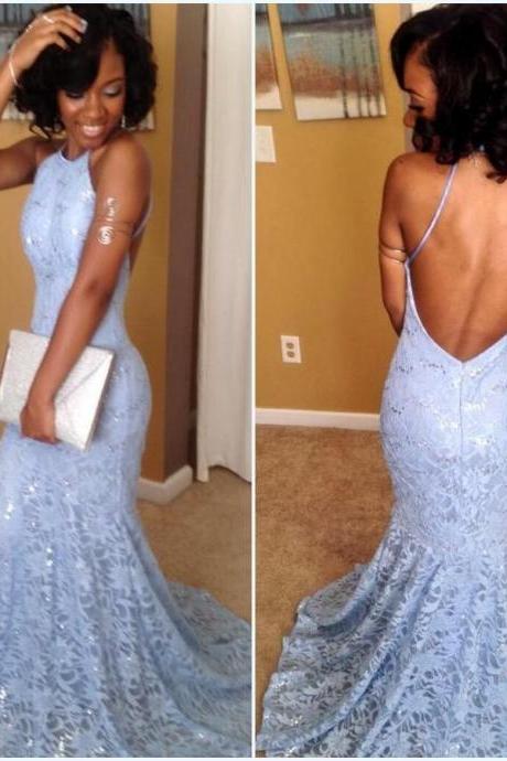 Fantastic New Long Prom Dresses 2016, Lace Prom Dress, Halter Prom Dress, Mermaid Prom Dress, Prom Dress with Court Train, Lace Backless Evening Dress