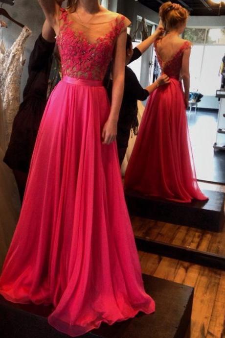 Hot-Selling Red A-Line Floor Length Sash Backless Scoop Chiffon Prom Dress with Lace