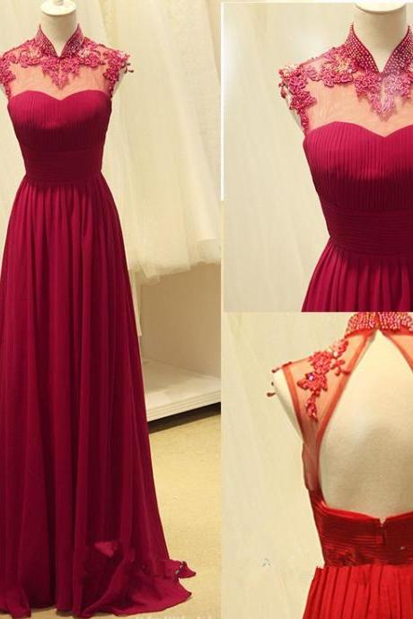 High Quality Handmade A-line Rose-Red Chiffon Floor Length Backless Prom Gown 2016, Long Prom Dresses 2016, Prom Dresses, Formal Dresses