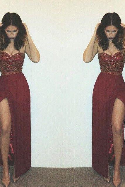 Burgundy Prom Dresses,Wine Red Prom Dress,2016 Prom Dress,Wine Red Prom Dresses,Slit Formal Gown,Simple Evening Gowns,Modest Party Dress,Chiffon Prom Gown For Teens