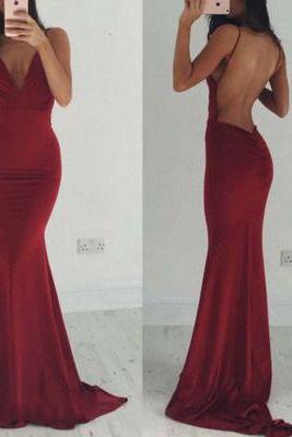 Red Prom Dress,Sexy V-neck Backless Long Prom Dresses,Simple Evening Dress 2016, Formal Dresses