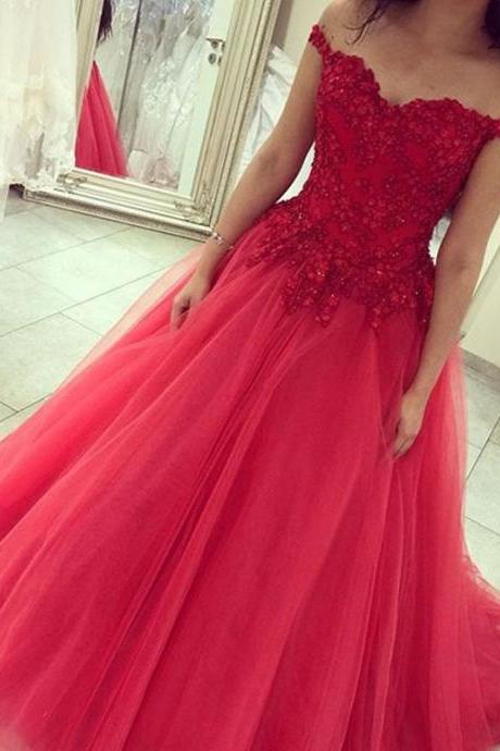 2016 Chic Ball Gown Off-shoulder Sweep Train Tulle Watermelon Quinceanera Prom Dress With Beading, Ball Gown Prom Dress