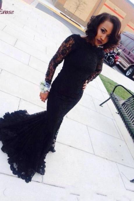 New Sexy 2016 Long Black Lace Mermaid Prom Dresses, Long Sleeves Prom Dresses, Scoop Neck Formal Dress, Prom Party Dress, Evening Gown, Vestido de Festa