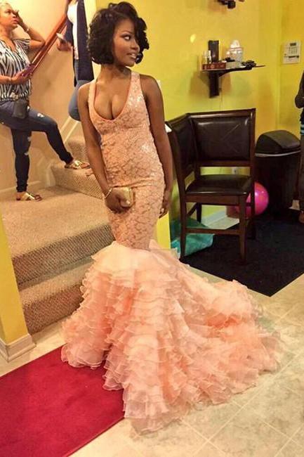 Charming Peach Prom Dresses, Sexy V Neck Organza Ruffles Prom Dresses, Lace Mermaid Prom Dresses, African Prom Dresses 2016, Back Cross Lace Formal Party Dress, Dresses for Teens, Senior Prom Dresses