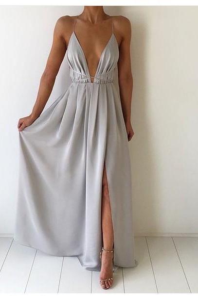 Simple Prom Dress, Gray Prom Dress, Sexy Prom Dresses, Cheap Prom Dress, V neck Prom Dress, Woman Dresses, Summer Dresses, Party Dresses