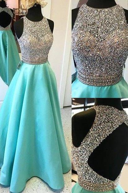 Cap Sleeves Long A-line Teal Prom Dresses, Beading Open Back Satin Prom Dresses,Modest Evening Dresses,Party Prom Dresses,Pretty Prom Gowns