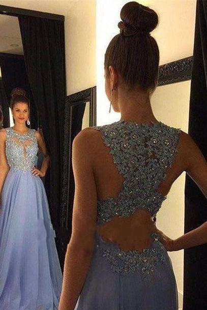 Stunning Floor Length Prom Dress Crew Neck with Appliques, Long Prom Dresses 2016, Lght Purple Prom Dresses, Scoop Prom Dresses with Lace Appliques