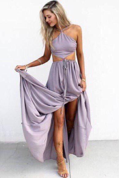 Halter Maxi Chiffon Long Party Dress With Cut Out Waist And Open Back