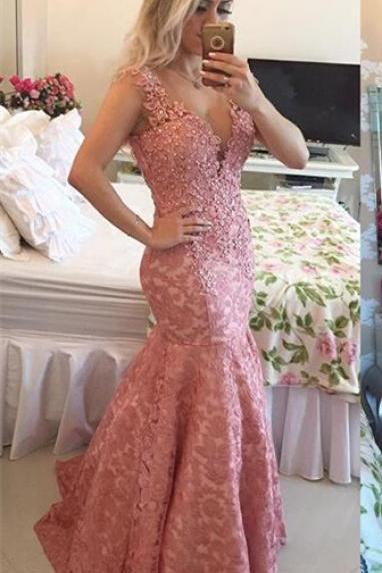 Sexy V Neck Lace Appliques Mermaid Evening Dress 2016 Sleeveless, Lace Prom Dress, Pink Prom Dress, Mermaid Prom Gowns, Formal Dresses