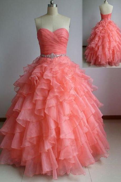 Beautiful Coral Ball Gown Sweetheart Prom Dresses with Beadings, Coral Prom Dresses, Prom Dress 2016, Prom Gown, Sweet 16 Dress