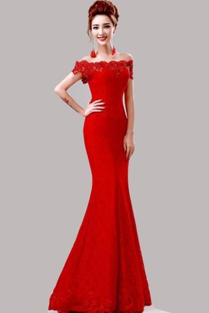 Elegant Crystal Beaded Red Royal Blue Lace Mermaid Long Evening Dresses 2016 Prom Party Dress Robe De Soiree Longue