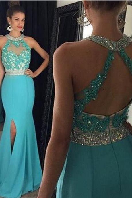 New Arrival Long Prom Dress, Turquoise Prom Dress, Mermaid Prom Dress, Open Back Prom Dress, Lace Applique Prom Dresses, Side Slit Prom Dresses, Chiffon Prom Dress, Evening Prom Dress, Party Gowns, Robe de bal
