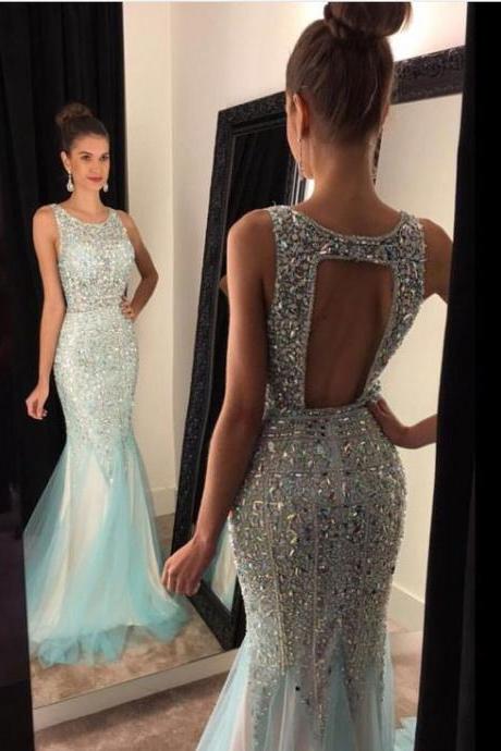 Unique Round Neck Backless Sequin Rhinestone Mermaid Long Prom Dress, Evening Dress, Crystals Beaded Prom Dresses, Prom Dress for Teens, Senior Prom Dresses