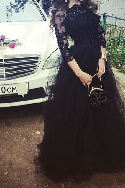 Charming Black Evening Dresses, Black Prom Dresses, Lace Formal Dress,Long Prom Gown,Prom Dresses With Sleeve,Tulle Prom Dresses,Prom Dresses With Applique