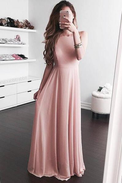 Blush Open Back Evening Dress, Pink Chiffon Prom Dress,Long Chiffon Evening Dress,Maxi Dresses,Simple Evening Dresses, Woman Dress