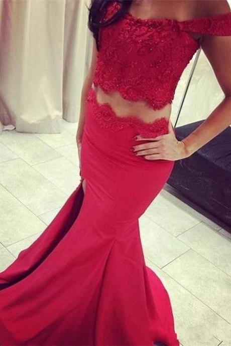 Off The Shoulder Prom Dresses, Two Pieces Prom Dresses, Split Side Prom Dresses, Mermaid Prom dresses, Party Gowns Floor Length, Sheath Evening Dress, Unique Red Prom Dresses, 2 Pieces Homecoming Dresses 