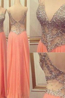 V-Neck Sexy Prom Dresses,Pink Long Chiffon Prom Dresses,Evening Dresses, Peach Prom Dress, Beading Prom Dress, Prom Dress for Teens