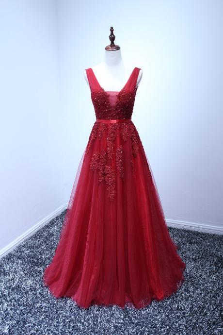 Burgundy Evening Dresses, Prom Dresses, Lace Appliqued Evening Dresses 2016, Formal Beaded Burgundy/Coral/Turquoise/Blue/Yellow/Gray/Lavender Prom Gowns Custom Made Long
