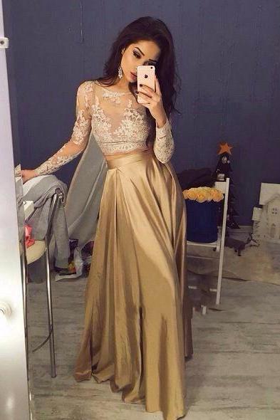 Unique Champagne Satin Lace Long Prom Dress for Teens,Evening Dress 2016, Sexy See Through Lace Prom Dress, Evening Gowns, Prom Dress with Long Sleeves, Lace Prom Dress