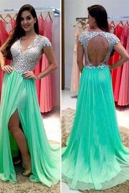 Charming Evening Dress,High Quality Prom Dress,Beading Prom Dress,A-Line Prom Dress,Backless Prom Dress,Green Prom Gowns, Blingbling Prom Dresses