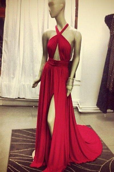 Sexy Backless Prom Dress, Wedding Guest Dresses, Woman Red Dress, Elegant Evening Dress, Halter Prom Gowns, Formal Dresses Red, Chiffon Prom Dress