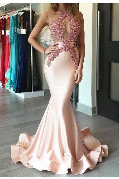 Unique Light Pink Satin Lace Mermaid Long Prom Dress for Teens, Evening Dress, Cute Formal Dress, Dress for Prom, Mermaid Prom Gowns