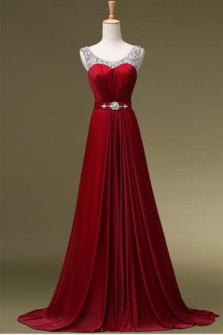 Beaded Embellished Scoop Neck Sleeveless Red Chiffon Floor Length A-Line Formal Dress, Prom Dress 