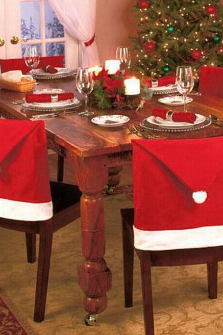 4PCs Santa Claus Hat Chair Covers Christmas Decoration For Home, Christmas Decoration Dining Room Chair Cover, Home Party Decorations, Christmas Decorations for Home