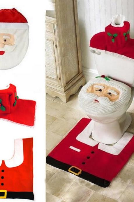 1set HOMESTIA Red Non-woven Santa Toilet Set Christmas Decor Toilet Seat Cover Tissue Box Cover Tank Cover Rug Xmas Decor