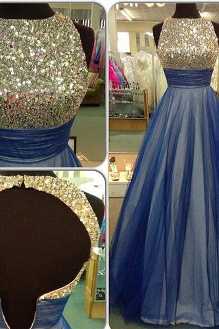Blue Tulle A-line Long Open Back Prom Dress, Beading Prom Gown, Party Dress, O-neck Handmade Evening Dress, Custom Made Prom Dress, Woman Dress