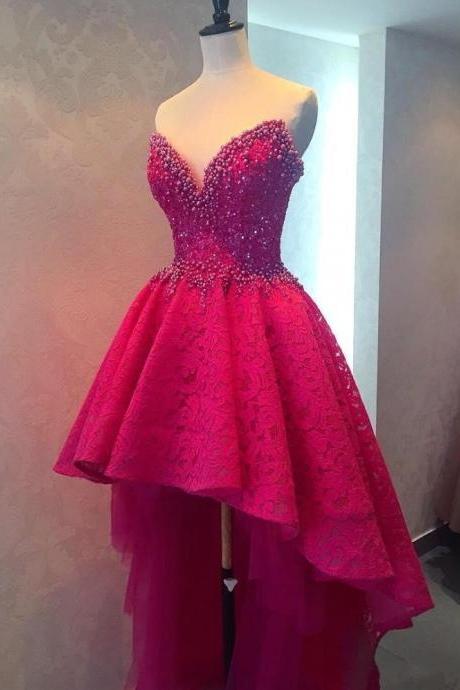 Sexy High Low Long Prom Dresses, Beaded Lace Prom Dresses, Sweetheart Prom Dresses, Fuchsia Backless Women Formal Party Dresses, Custom Made Prom Dress